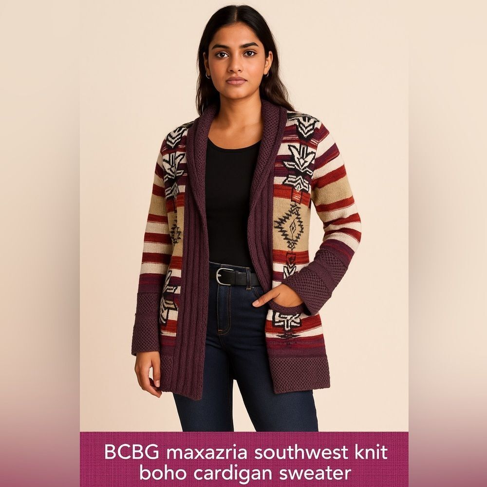 BCBG Max Azria Boho Southwest Cardigan Sweater Size L Purple Rust Cream